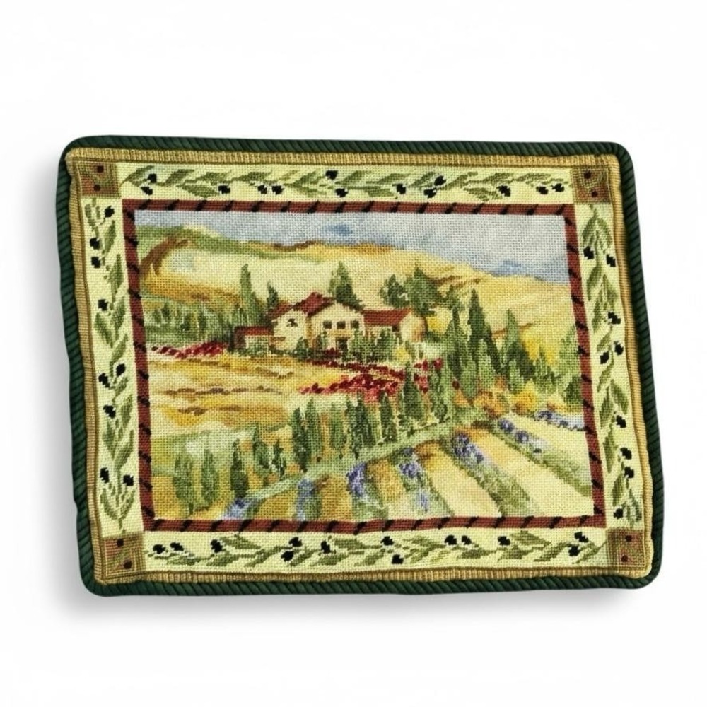 Needlepoint Pillow Cover 16x20 Wool Tuscan Vineyard Landscape‎ Lumbar Piped Trim
